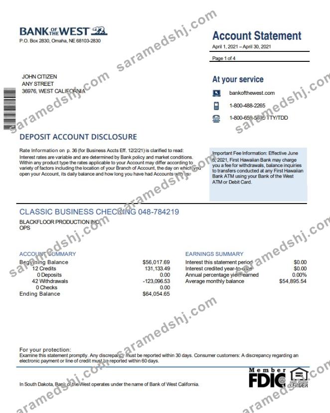 USA Bank of the West bank statement